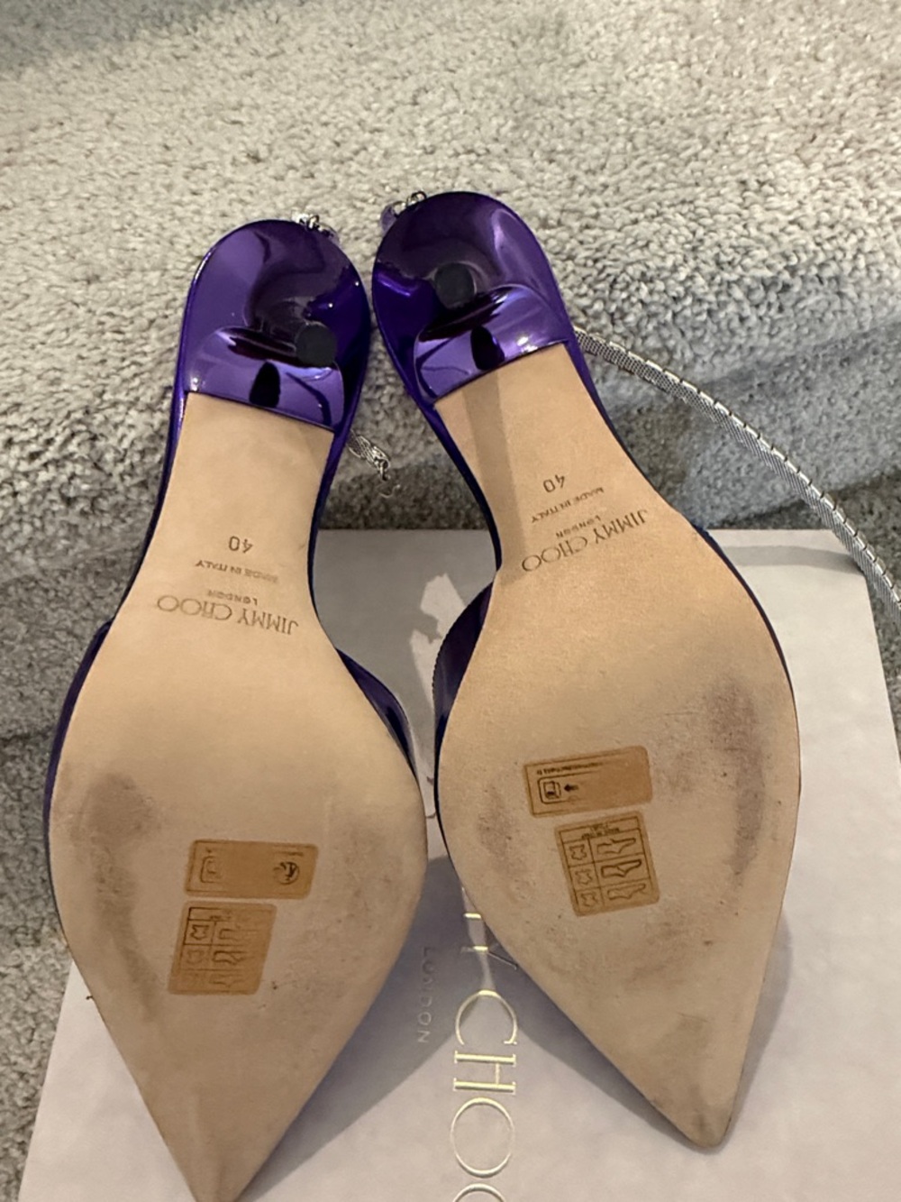 Jimmy Choo Metallic Purple Crystal T-Strap Pointed Slingback Heels - Picture 5 of 17